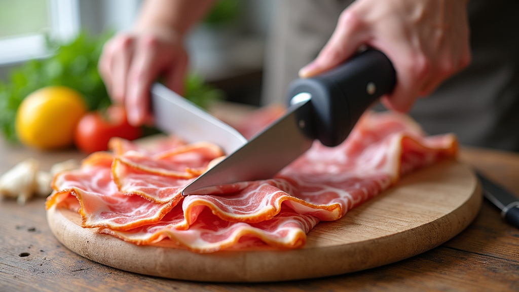 Trancheuse à jambon avec affûteur intégré en action
