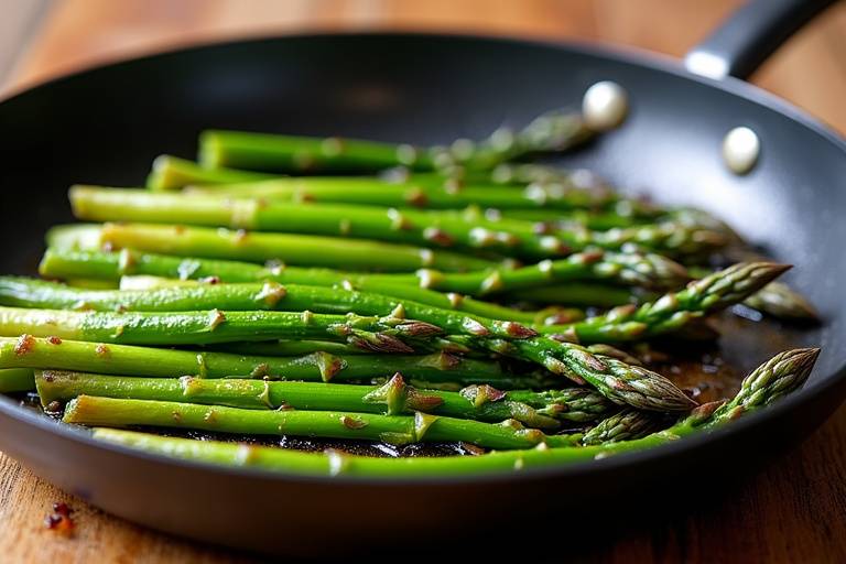 Asperges caramélisées dans une poêle avec beurre et herbes