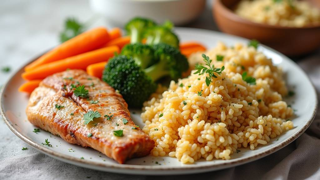 Représentation visuelle d'une assiette équilibrée avec légumes, protéines et féculents