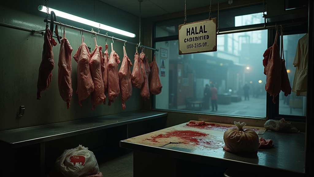 Représentation de consommateurs vérifiant les certifications halal dans une boucherie