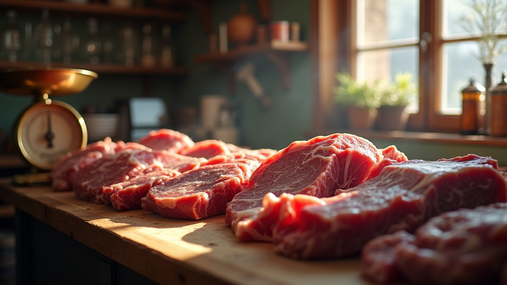 Préparation de viande halal dans une boucherie artisanale