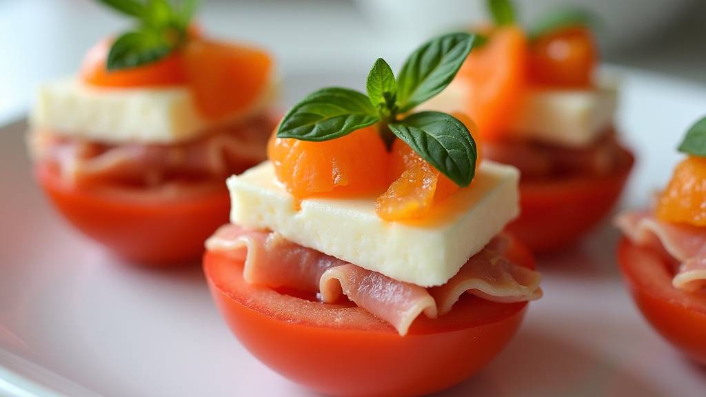 Brochettes colorées d'amuse-bouche sans cuisson avec tomates, fromage et herbes