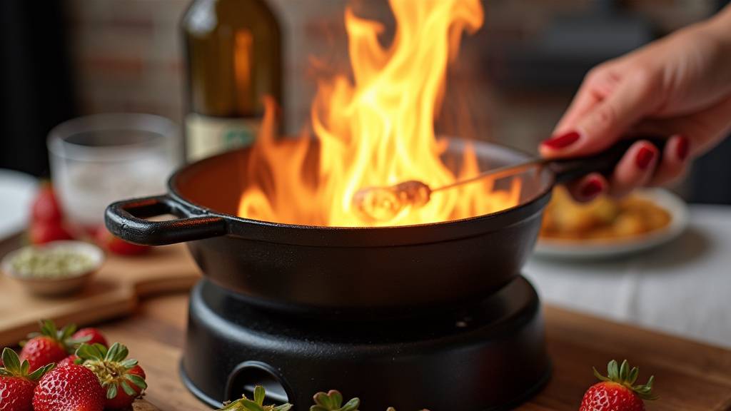 Brûleur à fondue en action sous un caquelon, avec une flamme douce