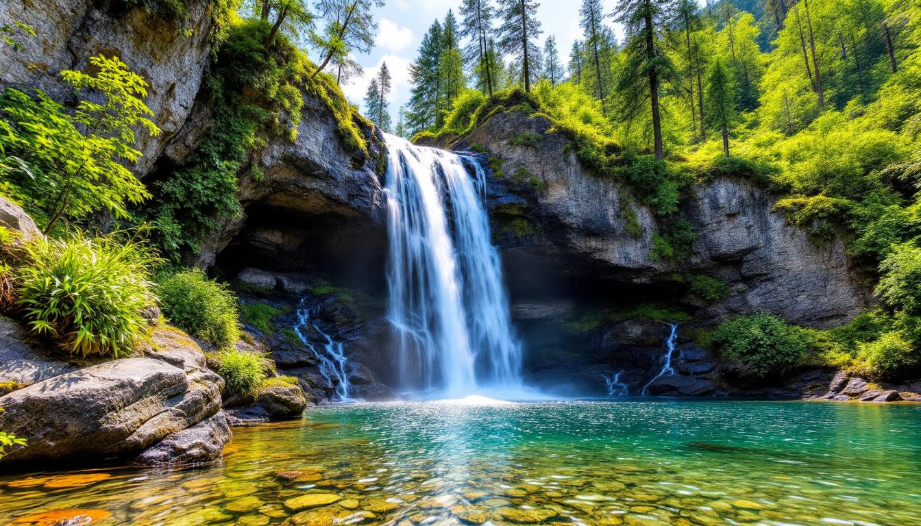 Visiteurs marchant derrière la cascade de Düden Supérieure dans la grotte naturelle