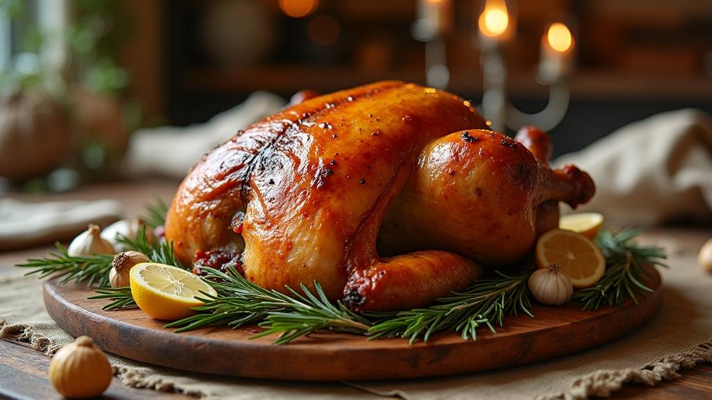 Découpe de chapon halal présentée sur un plateau en bois avec des herbes aromatiques et des légumes