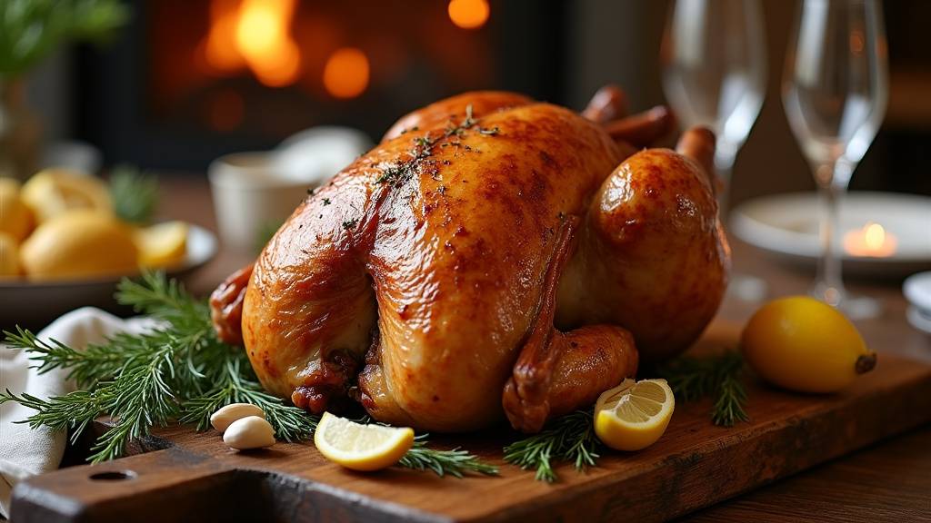 Chapon halal entier doré sortant du four, accompagné de légumes rôtis et de fruits