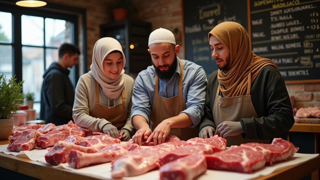 Boucher pesant de la viande halal sur une balance précise