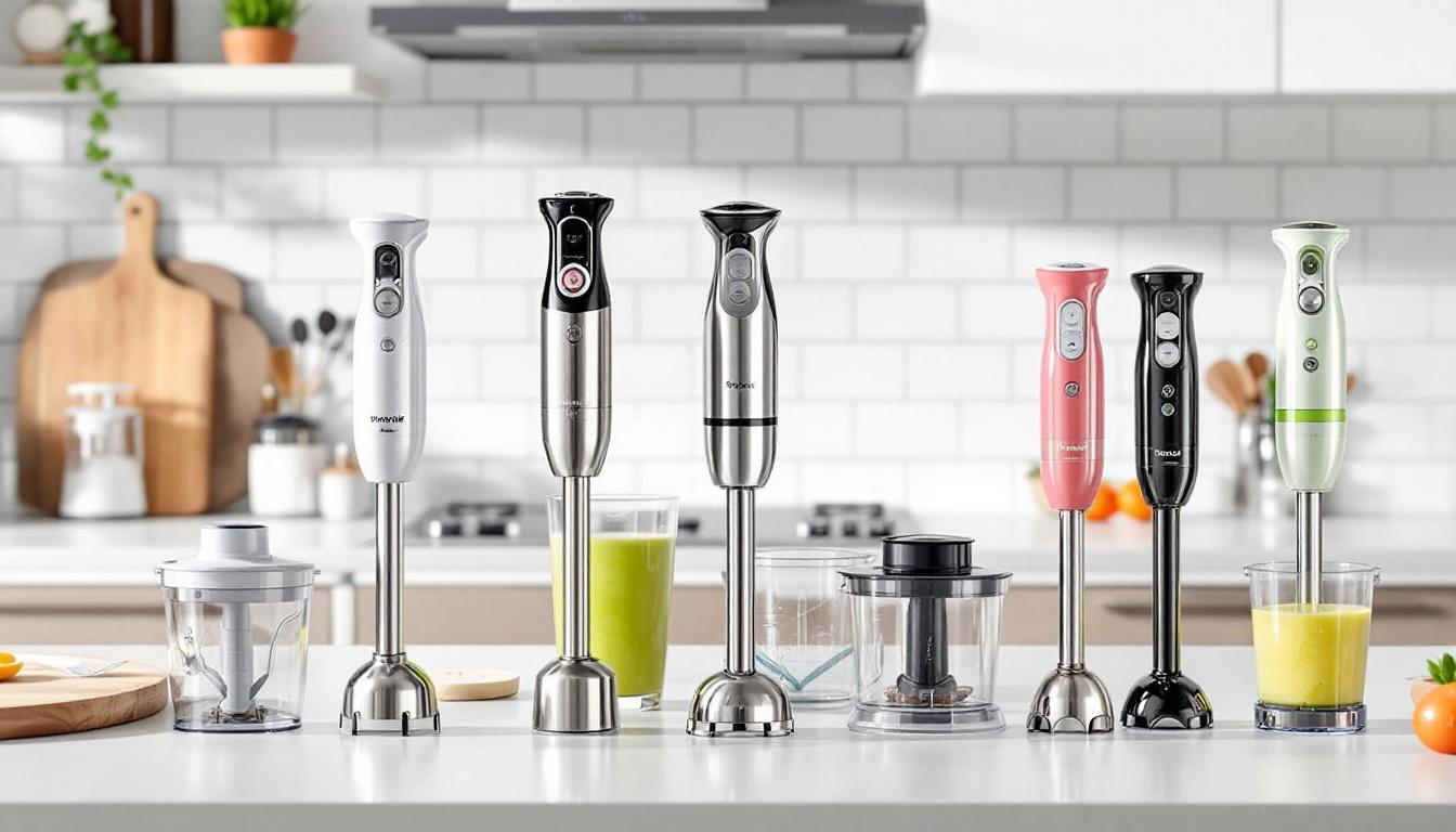 Mixeur plongeant moderne en action dans une cuisine équipée