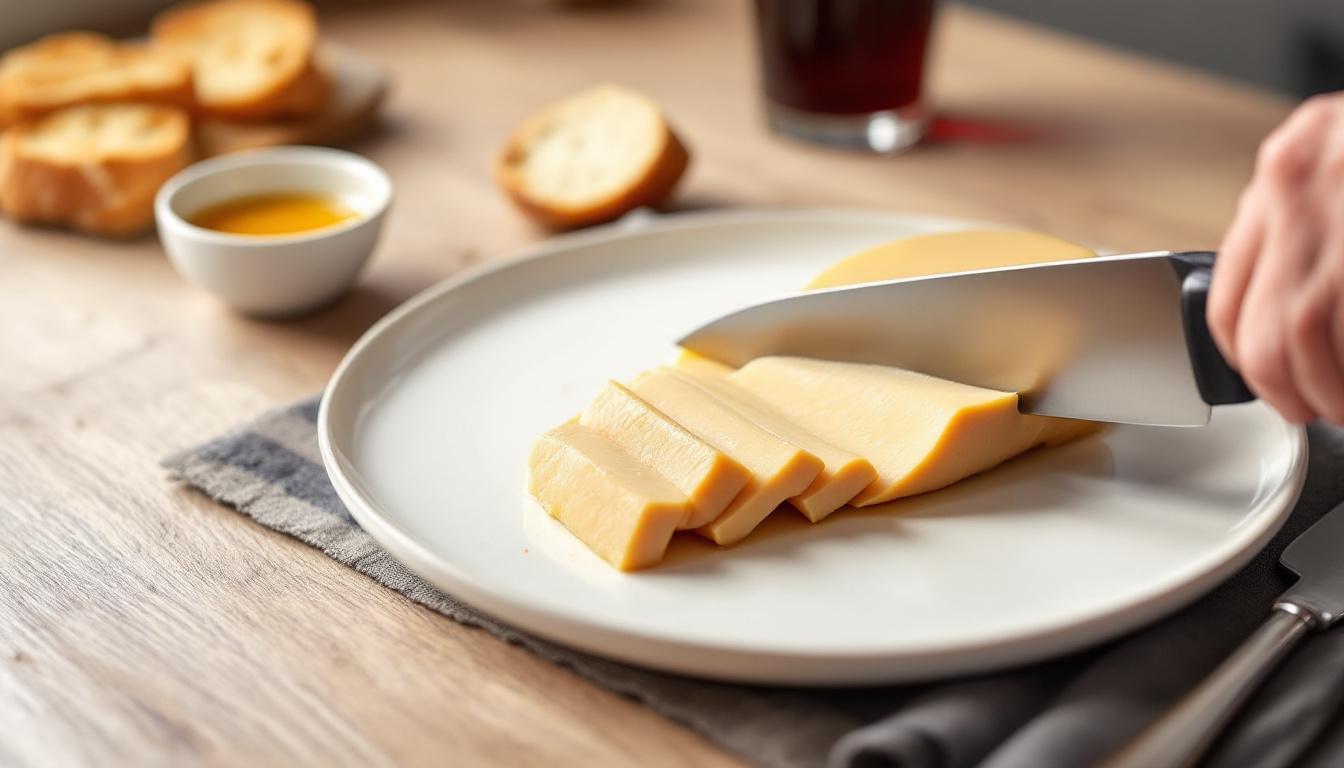 Foie gras entier découpé en tranches parfaites avec des accompagnements élégants
