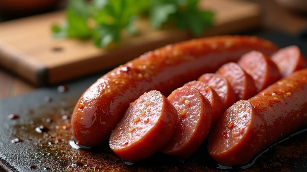 Préparation de sucuk turc dans une poêle avec des œufs brouillés