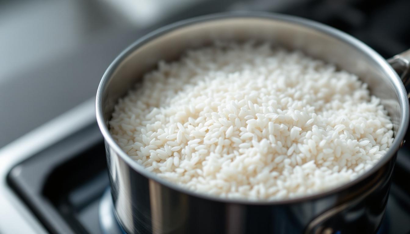Riz en cours de cuisson dans une casserole pour la préparation du sütlaç