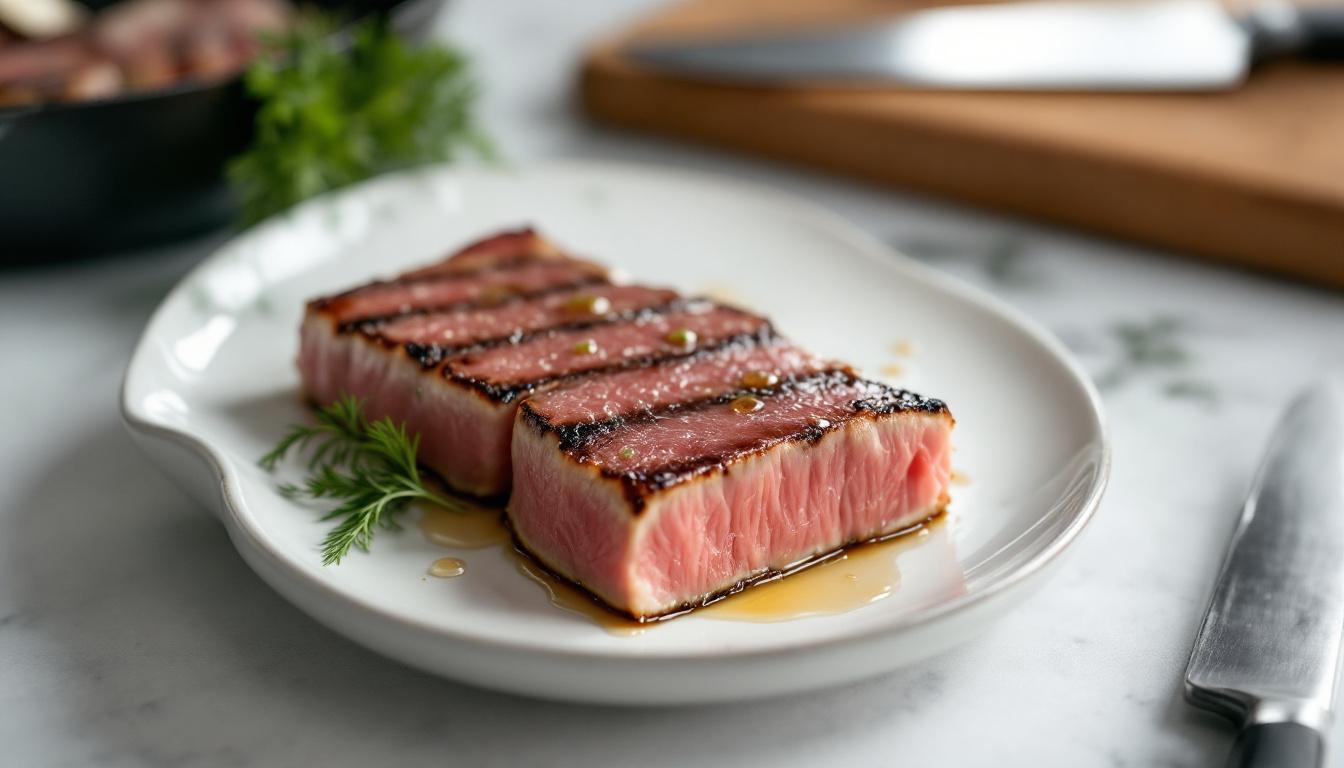Steak de thon parfaitement cuit avec un cœur rosé