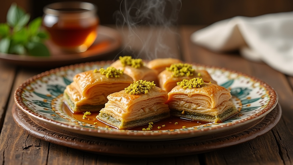 Dessert turc traditionnel présenté dans une assiette en céramique ornée