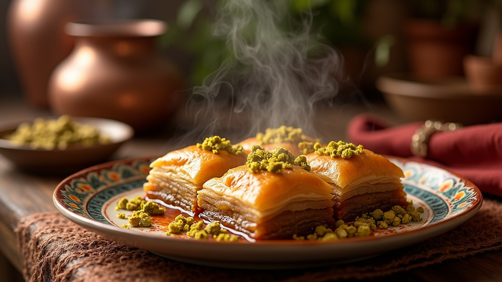 Desserts turcs traditionnels colorés sur une table en bois