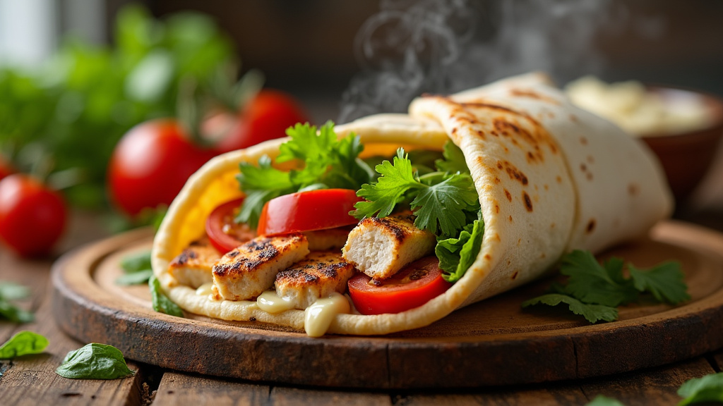Montage du durum kebab avec les ingrédients disposés sur la galette