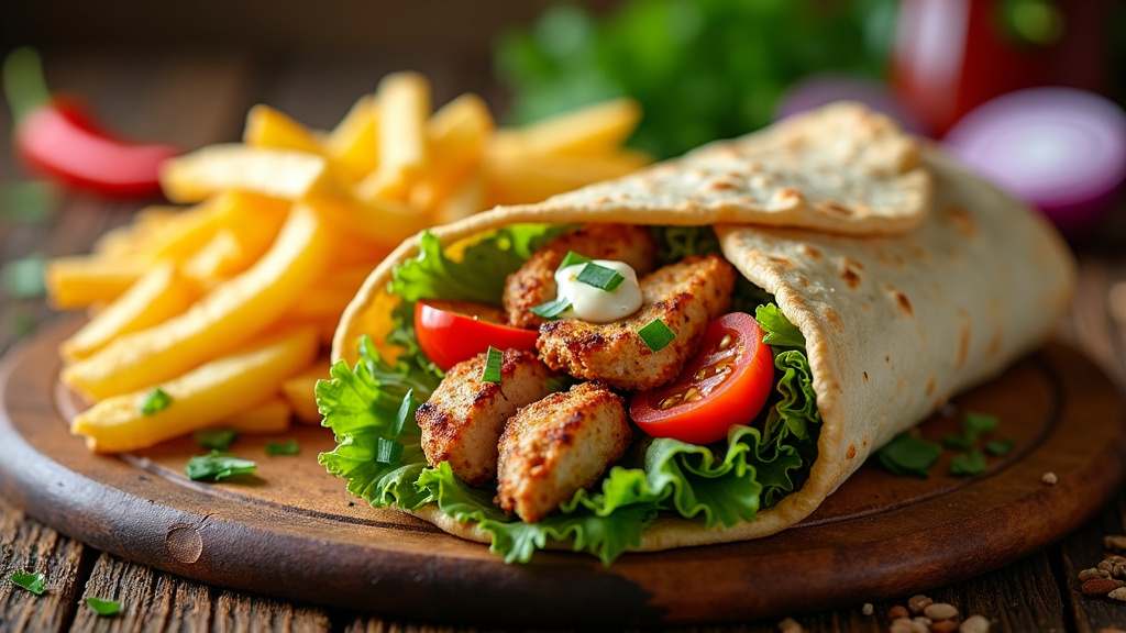 Durum kebab au poulet fait maison, garni de légumes frais et omelette