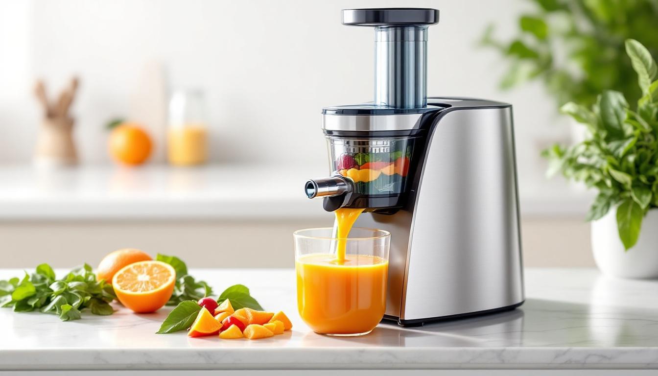 Extracteur de jus moderne en fonctionnement avec fruits et légumes frais