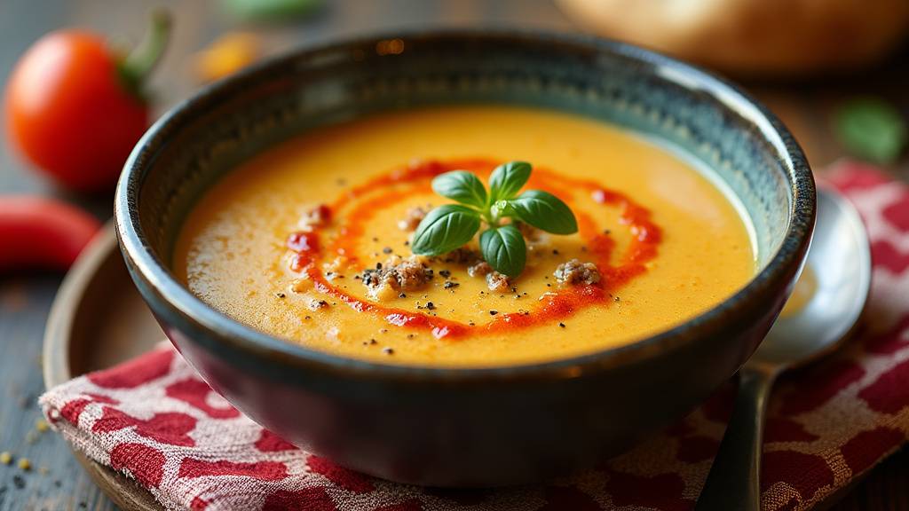 Plat traditionnel de soupe Ezogelin servie dans une porcelaine turque décorée