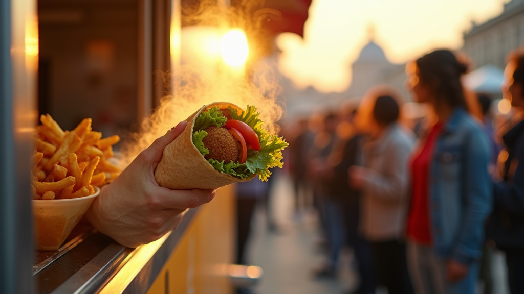 Une table de fast food halal avec un burger, des frites et des boissons, dans une ambiance conviviale