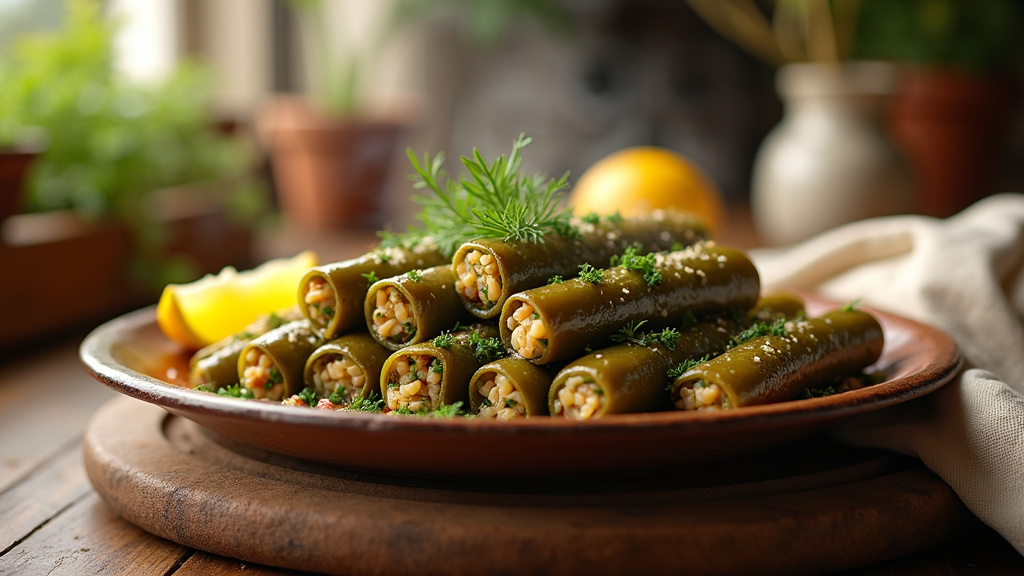 Feuilles de vigne farcies turques Yaprak Sarmasi présentées dans un plat traditionnel