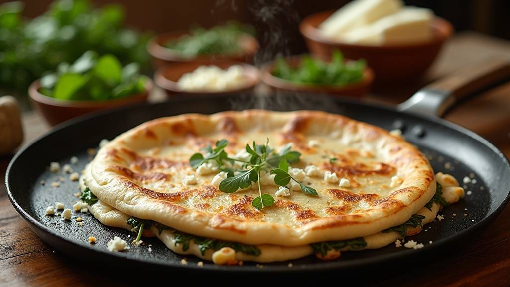 Gözleme en cours de cuisson sur une poêle, avec une belle dorure.