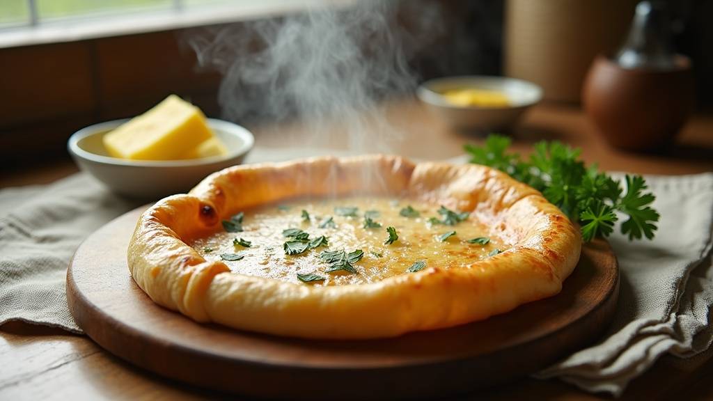 Gözleme plié en demi-lune, servi sur une assiette avec des herbes fraîches.