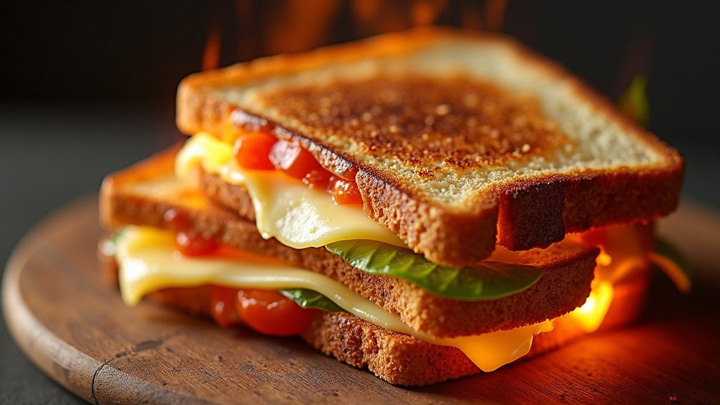 Grill panini professionnel en action avec un panini parfaitement marbré