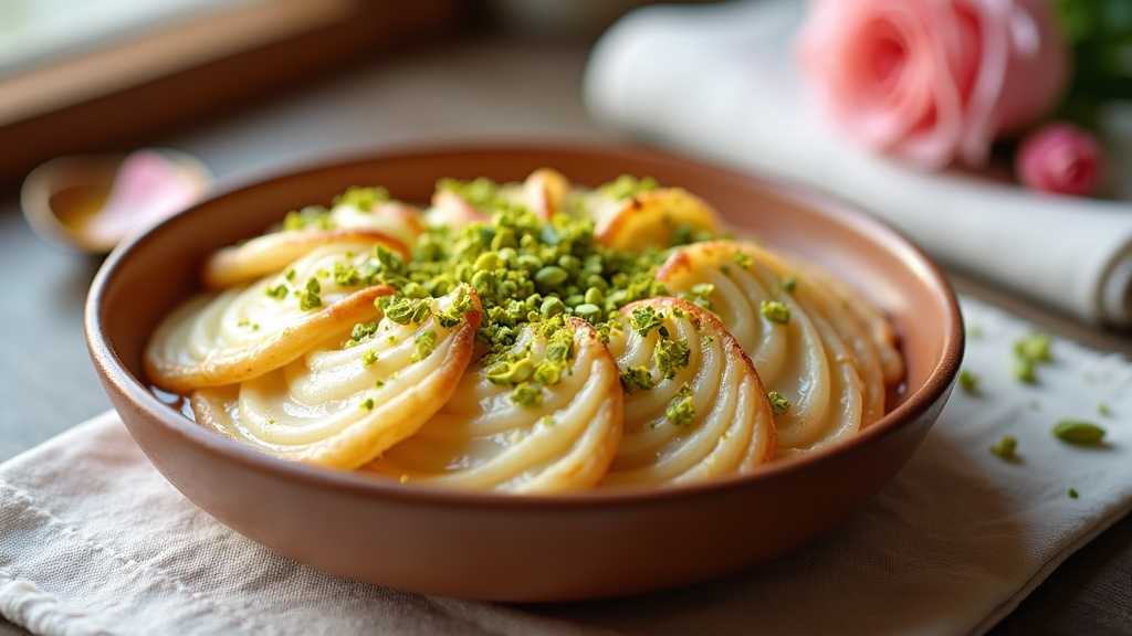 Güllaç traditionnel turc avec grains de grenade et pistaches moulues