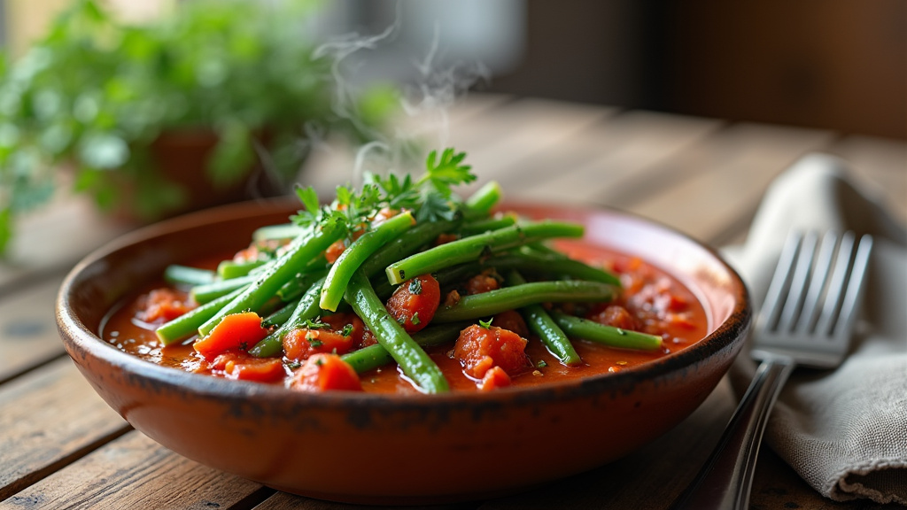 Haricots plats frais sur une planche en bois