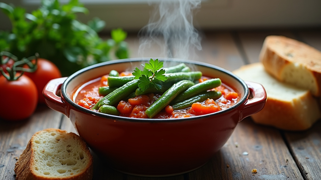 Haricots plats en sauce tomate mijotant dans une casserole