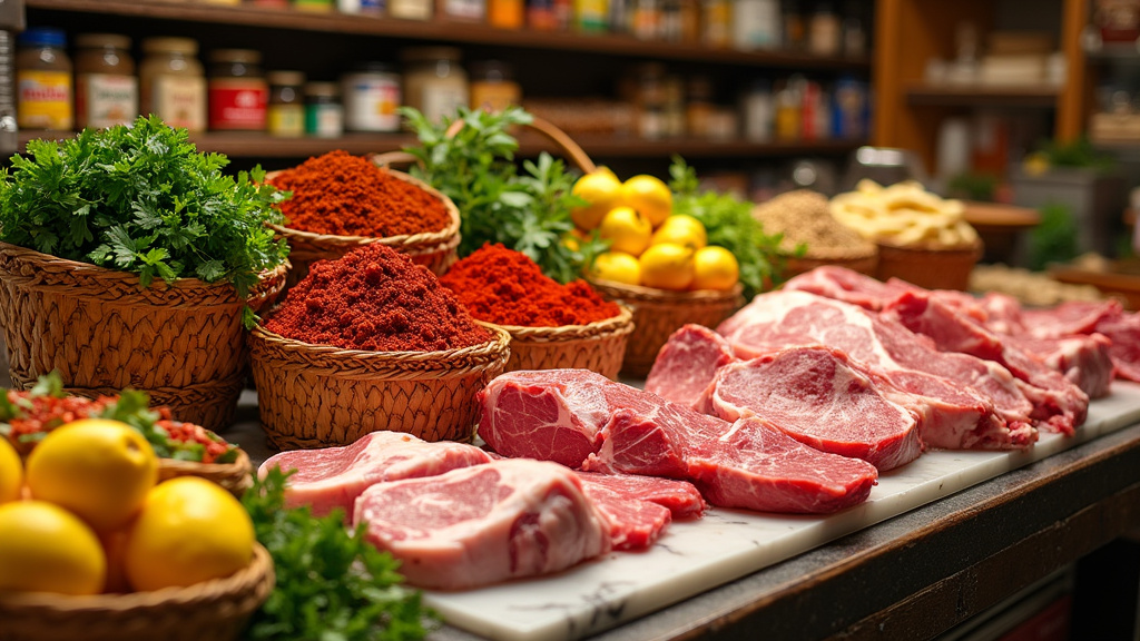 Détail de la boucherie halal de Harissa avec viandes fraîches exposées