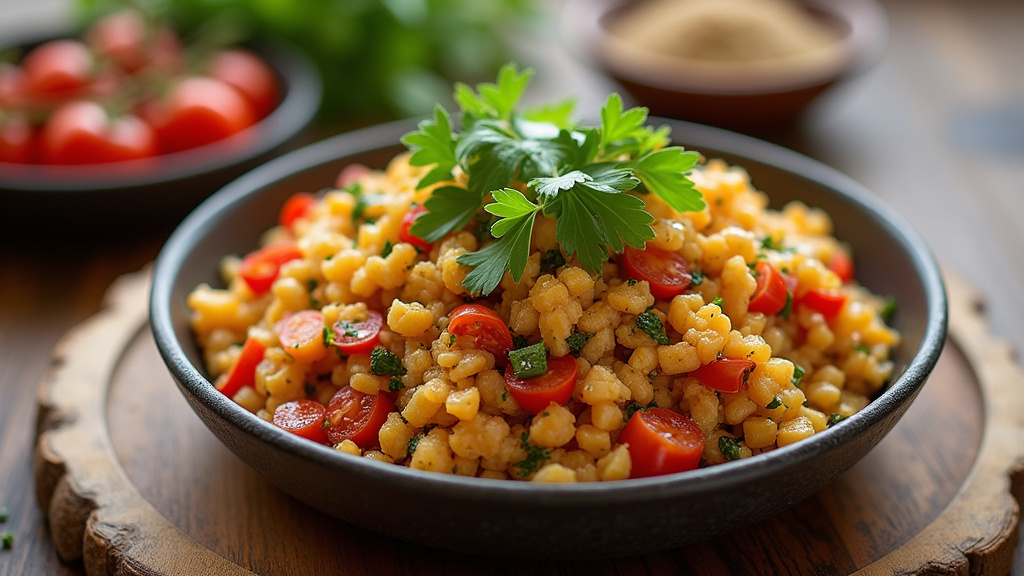 Ingrédients pour préparer le Kisir turc : boulgour, tomates, herbes aromatiques