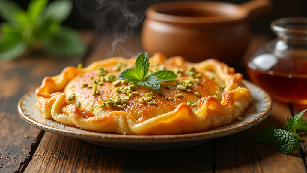 Détail du kunefe turc avec la pâte kadaïf croustillante et le fromage fondant