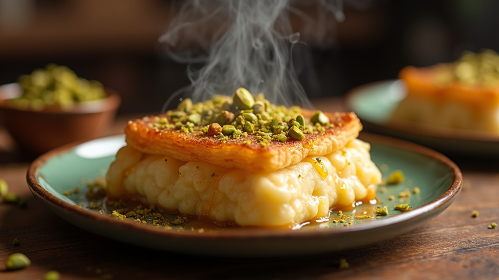 Kunefe turc croustillant au fromage fondant, arrosé de sirop parfumé