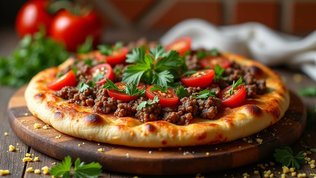 Préparation de la garniture de Lahmacun avec viande hachée et herbes fraîches