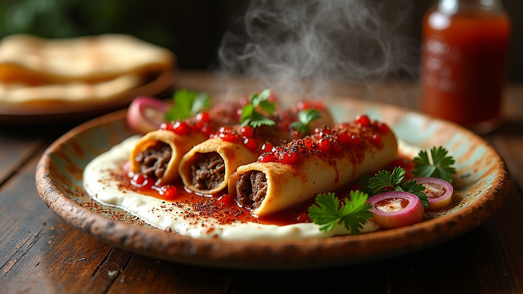 Vue rapprochée d'un Beyti Kebap fraîchement coupé, révélant sa farce de viande et son pain