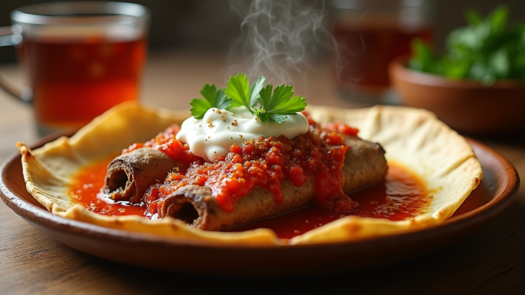 Tronçons de Beyti Kebap disposés dans un plat avant la cuisson au four