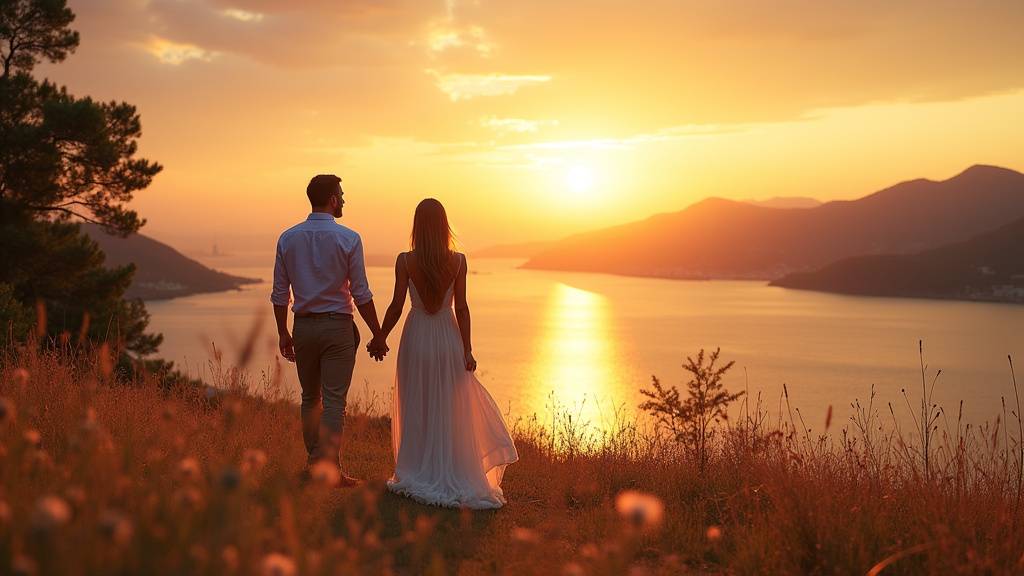 Couple en lune de miel surplombant Cappadoce avec montgolfières