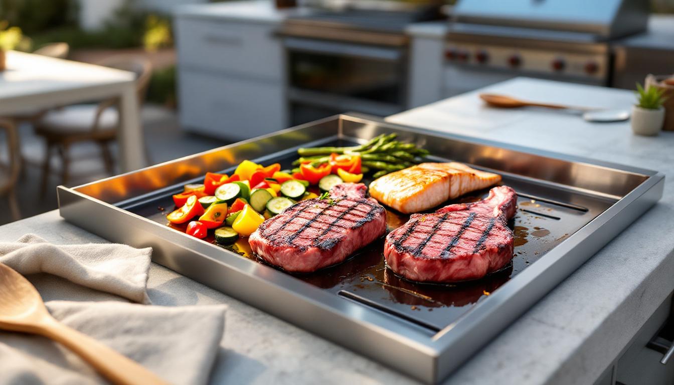 Cuisson parfaite à la plancha avec viandes, poissons et légumes grillés