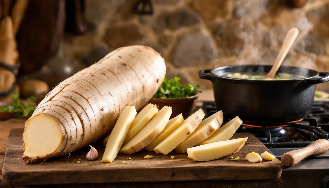 Manioc frais coupé en morceaux prêt pour la cuisson