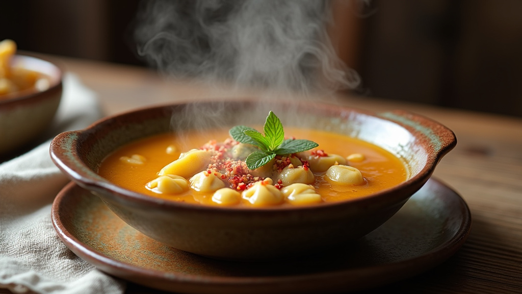 Service traditionnel de manti çorbasi avec yaourt et herbes fraîches