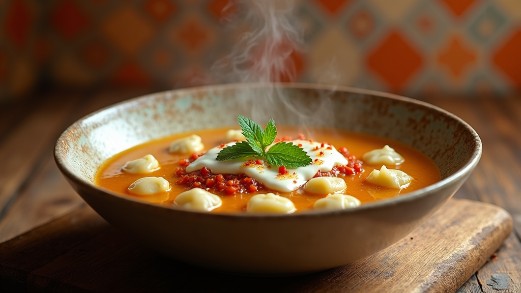 Bol fumant de manti çorbasi garni de yaourt et d'herbes fraîches