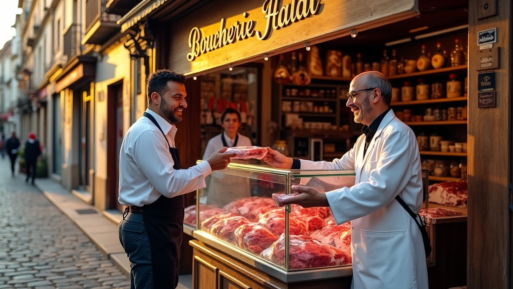 Vue d'ensemble d'une boucherie halal bien approvisionnée à Montpellier