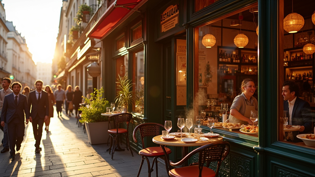 Vue aérienne de Paris avec des icônes de restaurants halal