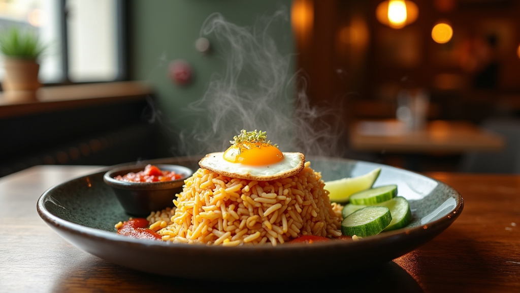 Intérieur d'un restaurant indonésien typique à Paris avec des plats traditionnels