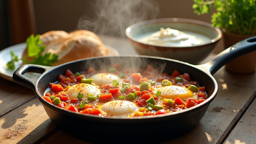 Ingrédients frais pour préparer un menemen : tomates, poivrons, oignons, œufs et persil