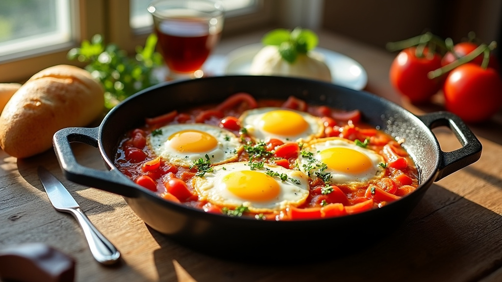 Menemen en cours de cuisson dans une poêle avec les œufs qui viennent d'être cassés