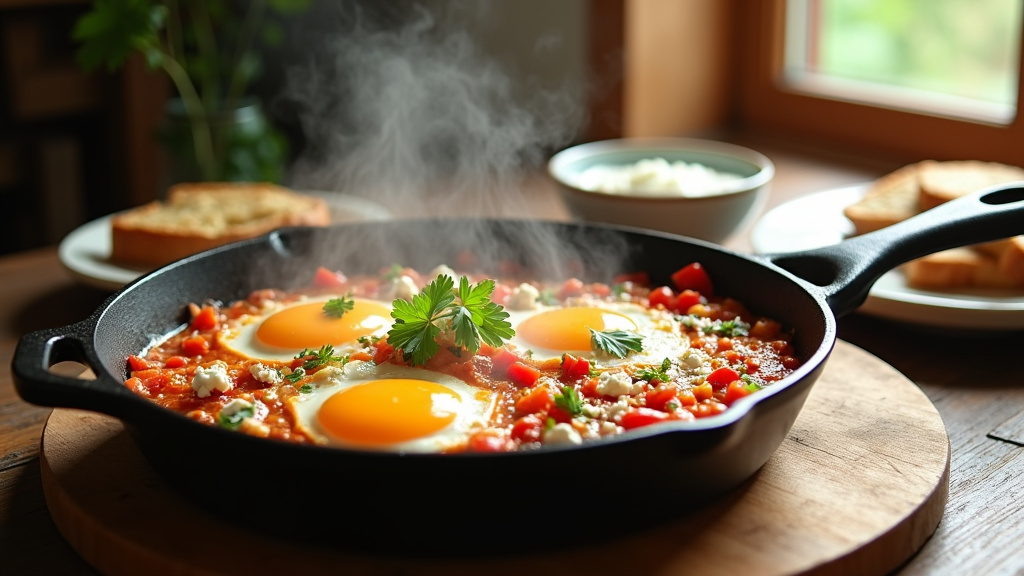 Menemen traditionnel turc dans une poêle en fonte avec du pain croustillant à côté