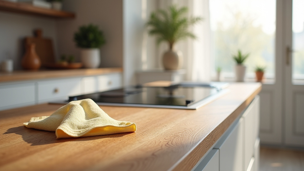 Meuble de cuisine laqué blanc en cours de nettoyage avec chiffon microfibre