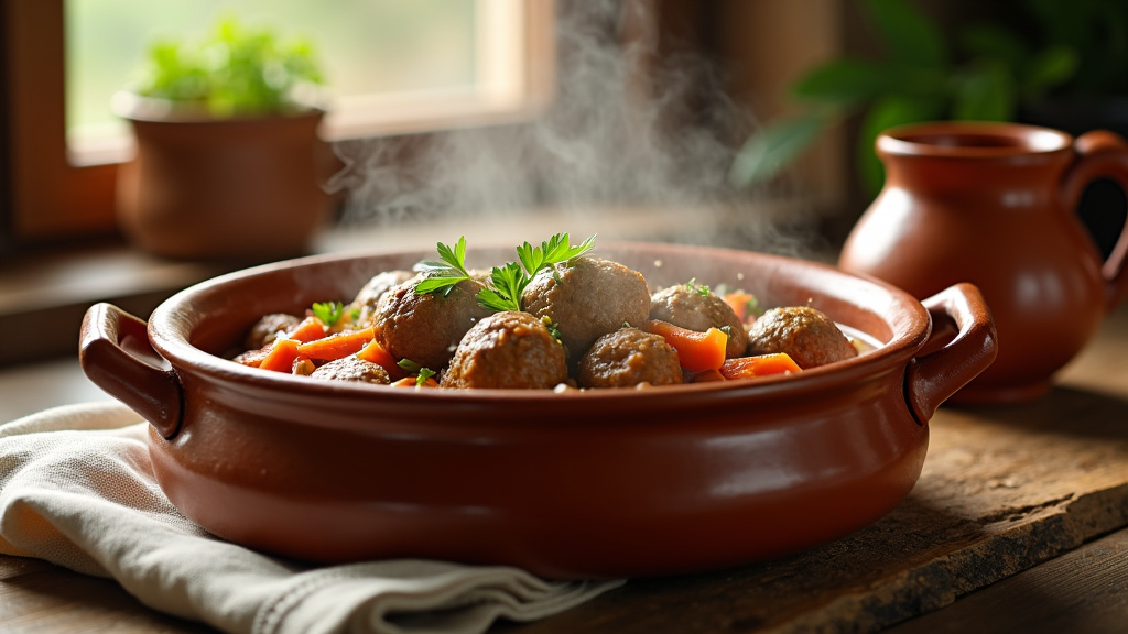 Plat de mini boulettes et légumes mijotés à la turque dans une poêle en terre cuite